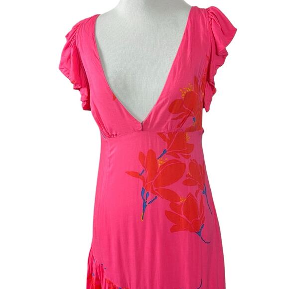Free People Tropical Hawaiian Hibiscus Hot Pink Floral Maxi Dress Size 0 XS - Picture 7 of 15
